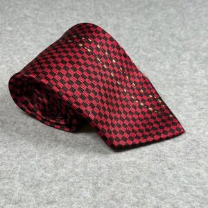 Kenneth Cole Reaction Red Black Check Silk Tie Gold Detail 100% Silk